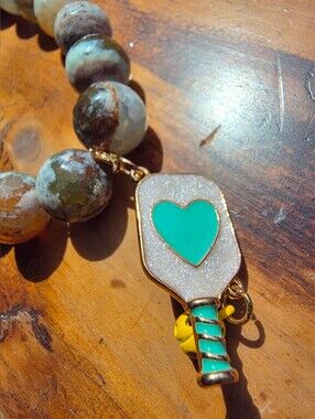 Jasper Gemstone Necklace with Pickleball Themed Heart Charm -1 Of 1. No Remakes.